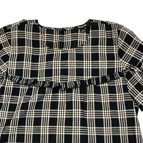Madewell Metallic Plaid Yoke  Ruffle Trim Short Sleeve Top Brown Women's Small - Picture 3 of 10